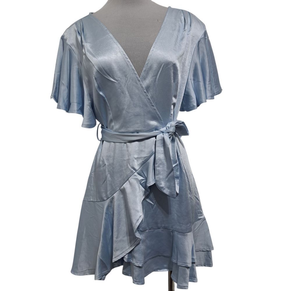 Selfie Leslie Cami Angel Sleeve Faux Wrap Sexy Boho Mini Dress Steel Blue Large